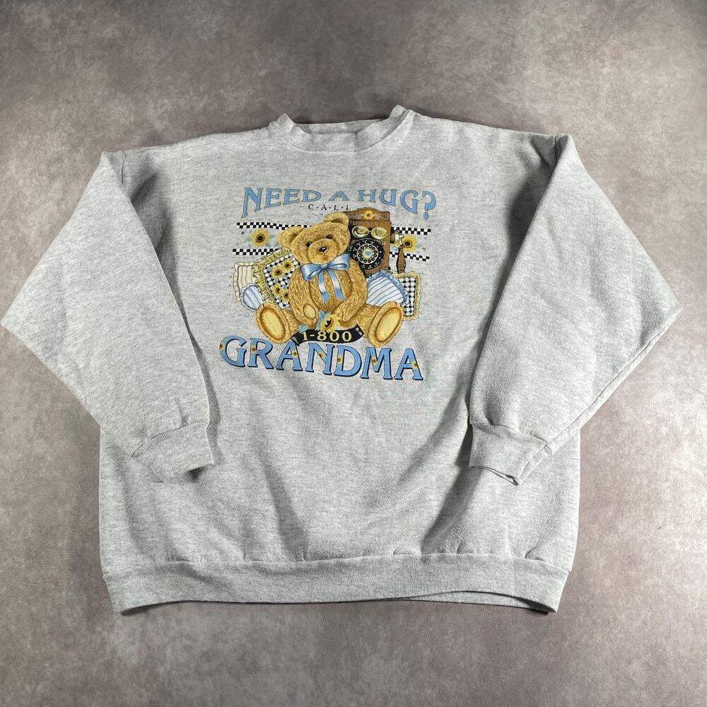 90's Grandma Teddy Bear Sweatshirt Heather Gray Made in USA XL Grandmacore